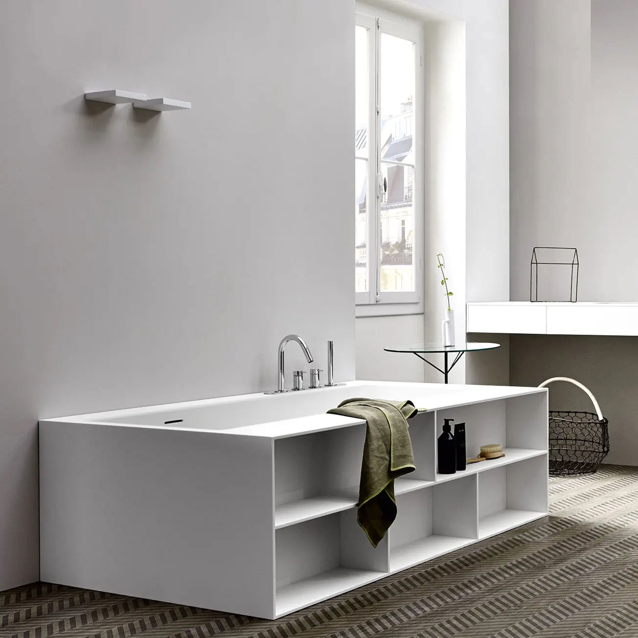 Cube Engineered Stone Freestanding Bath With Shelves 01
