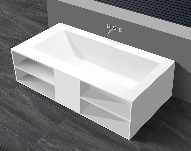 Cube Engineered Stone Freestanding Bath With Shelves 03