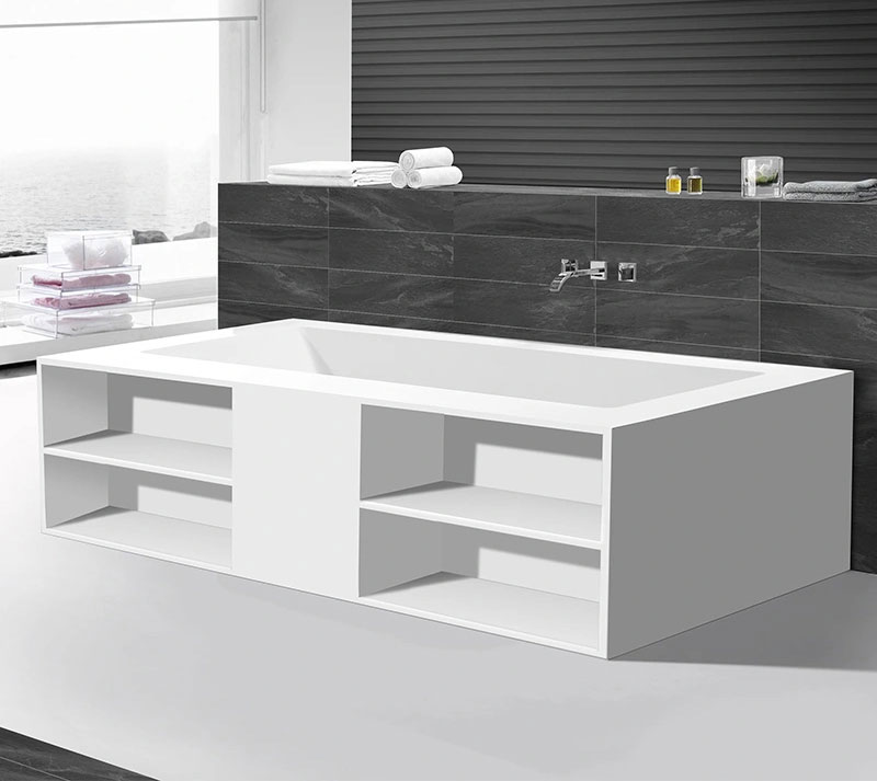 Cube Engineered Stone Freestanding Bath With Shelves 04