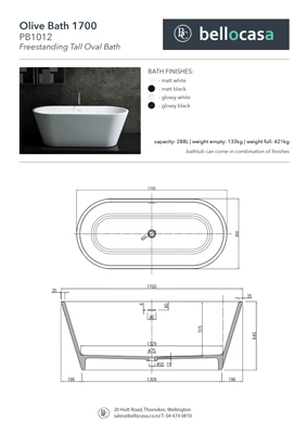 Olive 1700 Bath Specifications