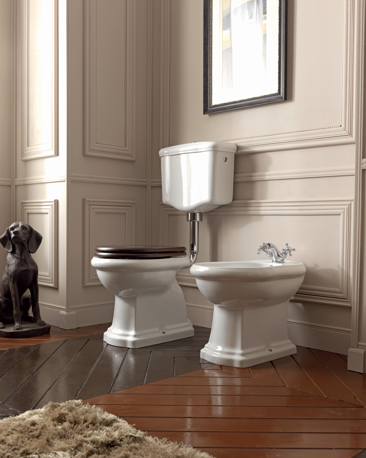 Retro Low Level Cistern Toilet WC Gloss White Walnut Seat