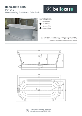Roma 1800 Bath Specifications