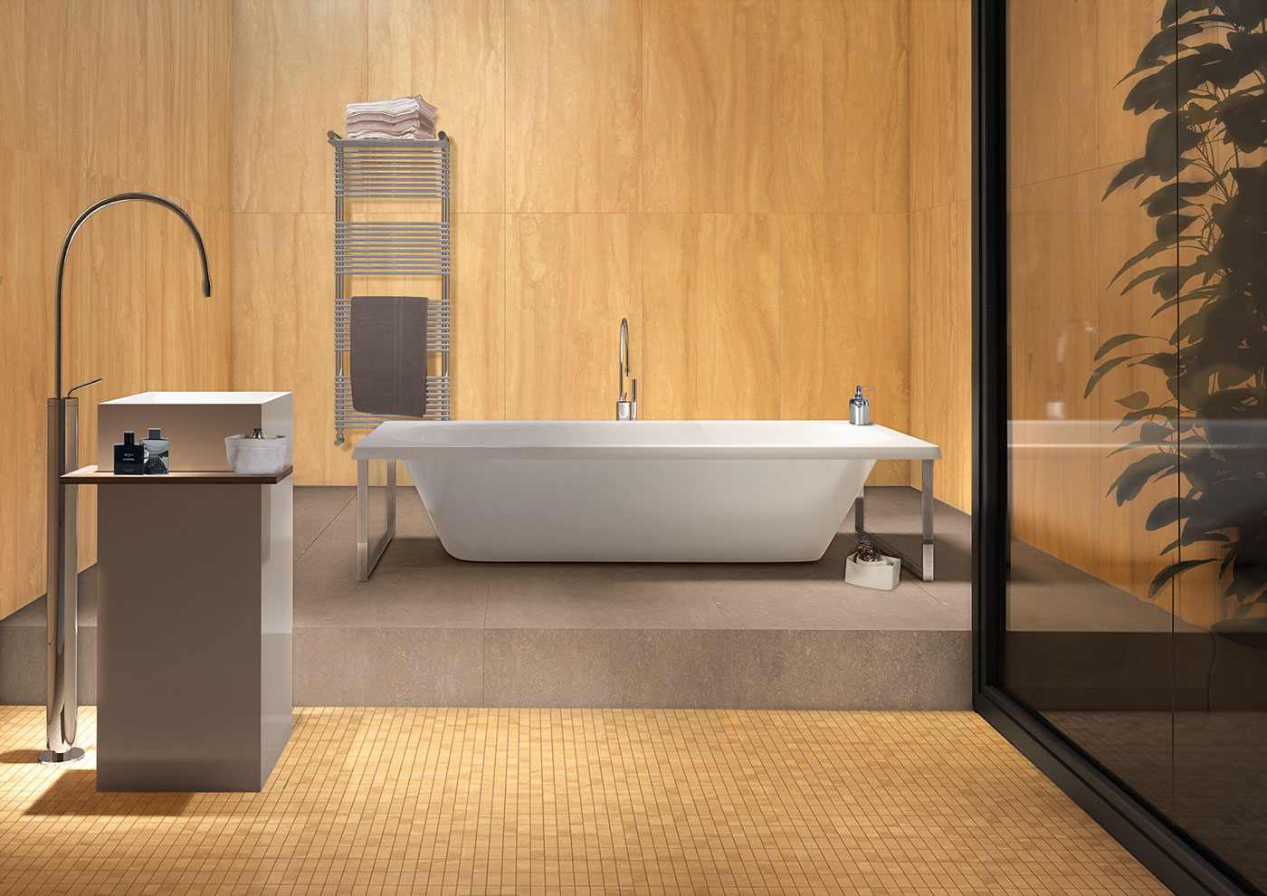 Marmoker Amb Giallo Striato Travertino Noce Bathroom Floor Indoors