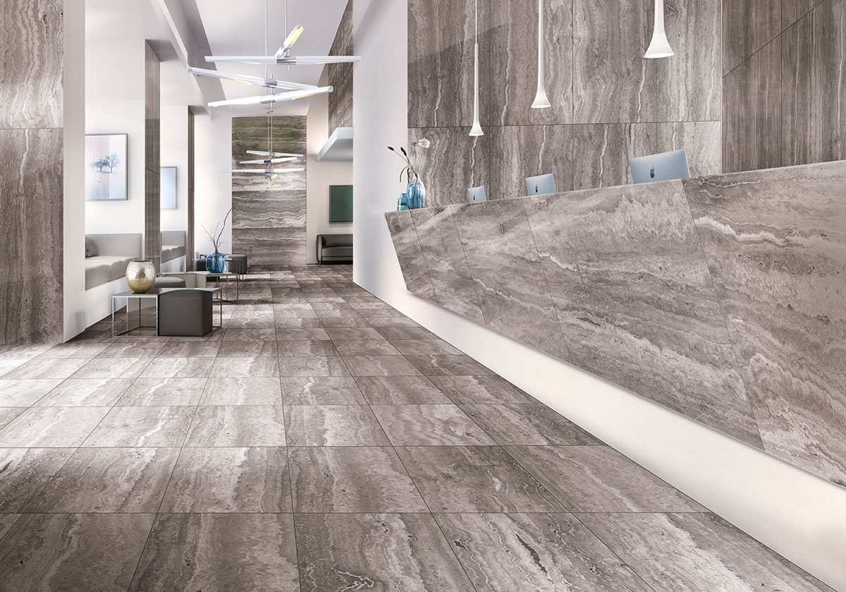Marmoker Amb Travertino Titanium Reception Floors Desk Indoors