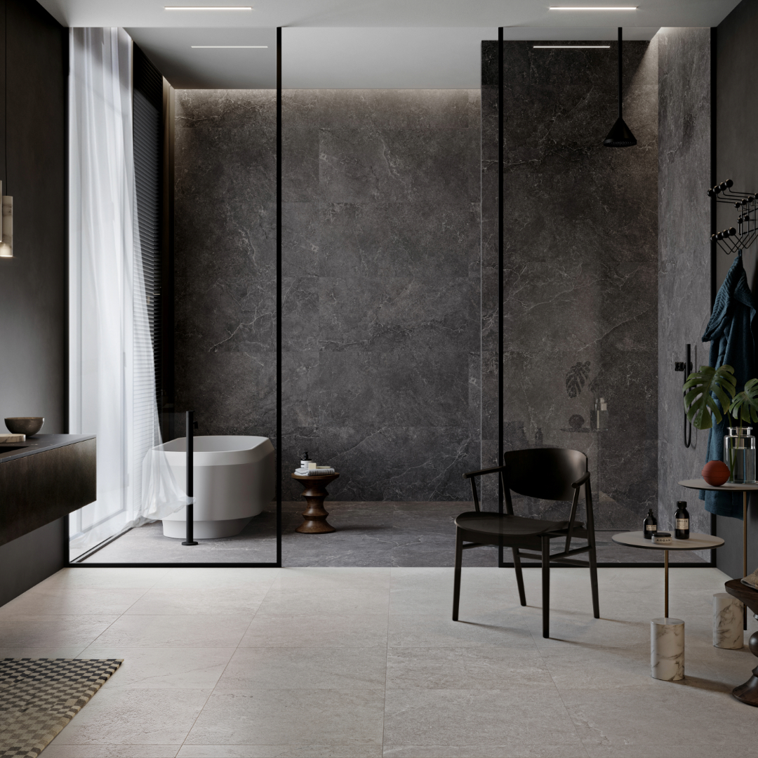 Shower Floor Carbon Naturale 14mm, Shower Walls Carbon Sabbiata 14mm, Bathroom Floor Stone Sabbiata 14mm