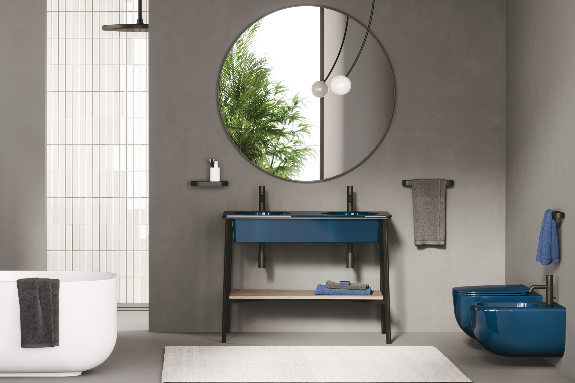 Bathroomware Freestanding Bath Toilet WC Bidet Wall Hung Vanity Round Mirror Blue Coloured Ceramics Glossy Matt