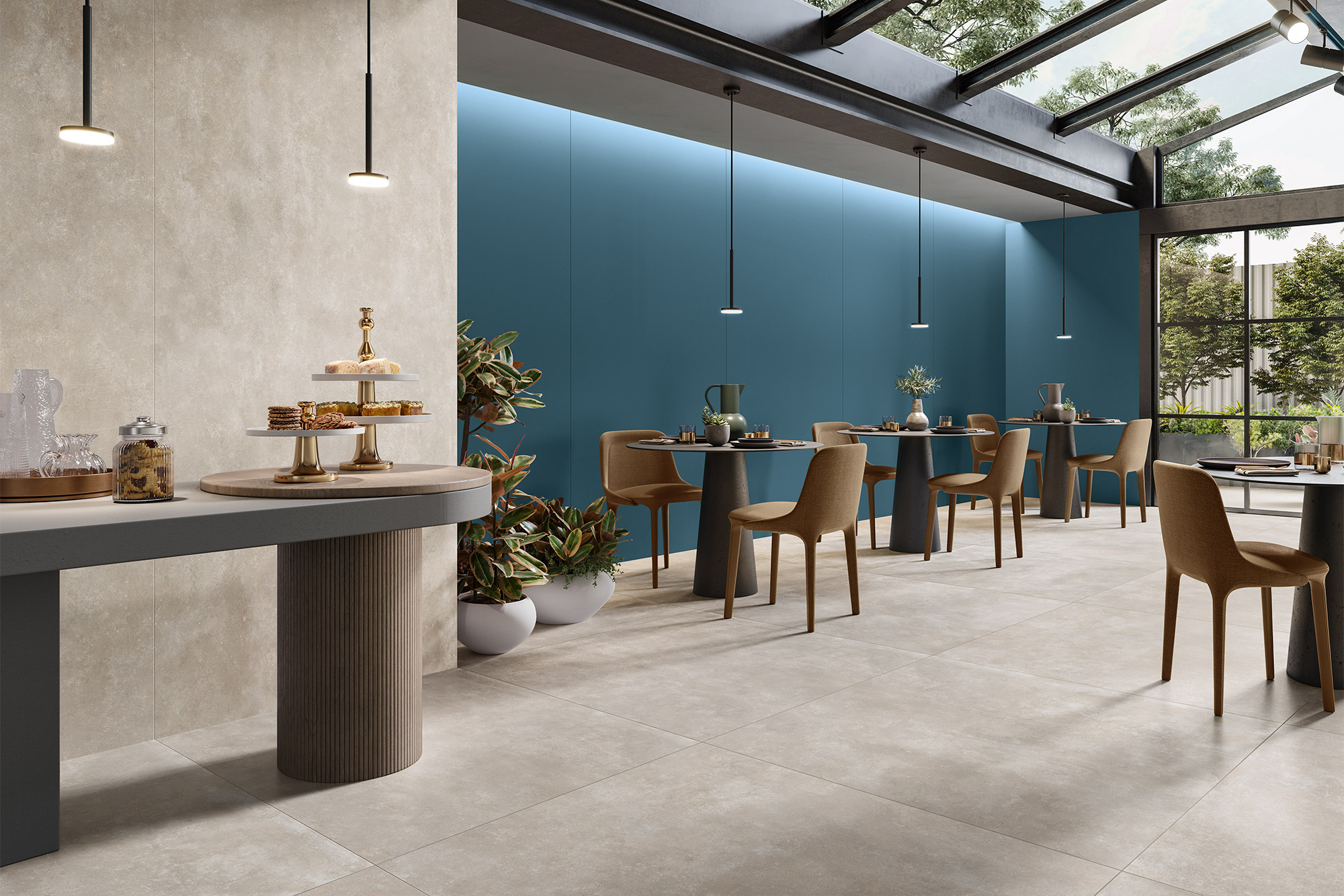 Concrete Look Large Format Porcelain Stoneware Tiles Coloured Blue Floor Wall