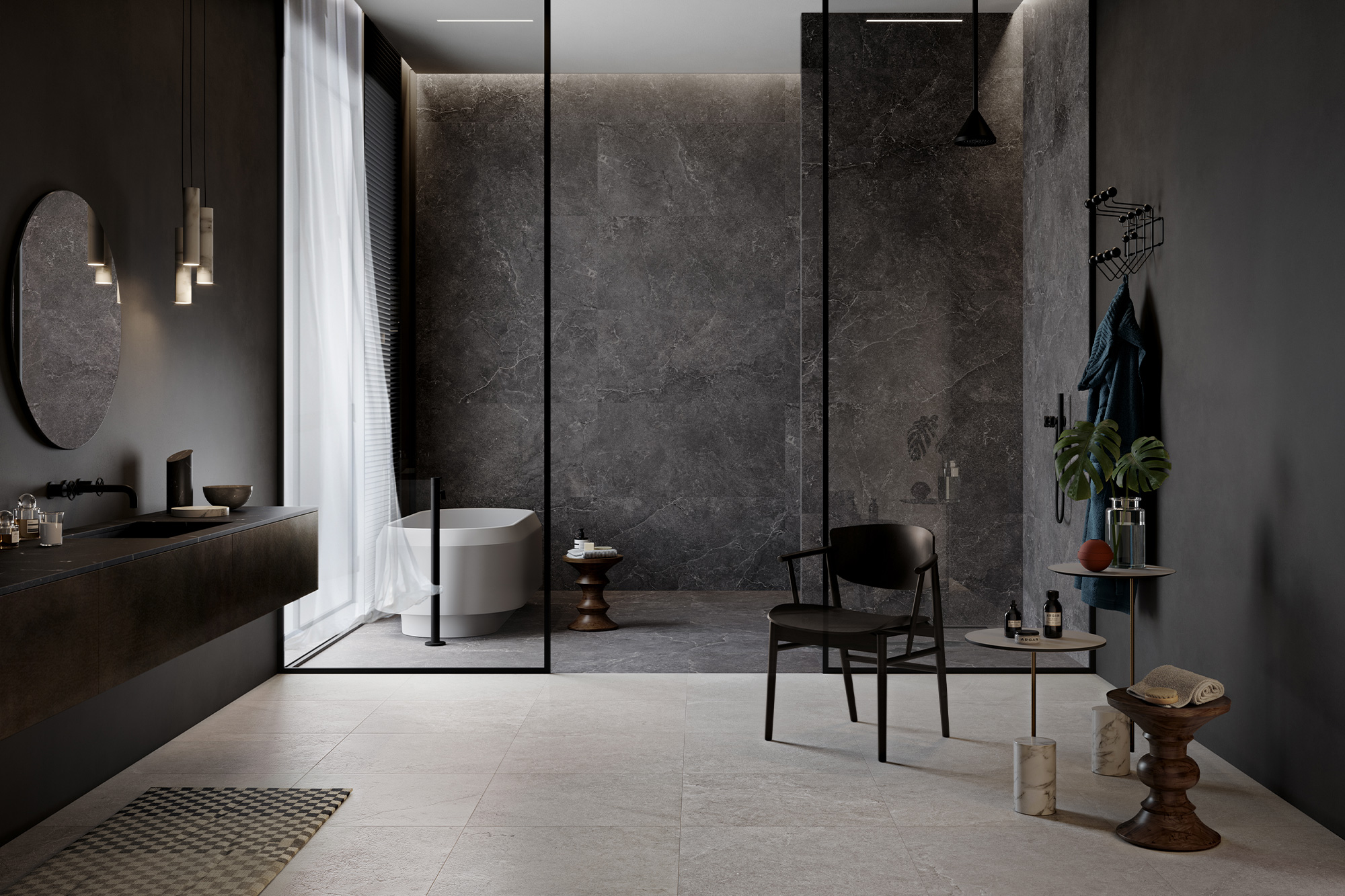 Lithos Stone Look Marble Grey Black Large Format Porcelain Stoneware Tile Bathroom Floor Wall Shower Feature