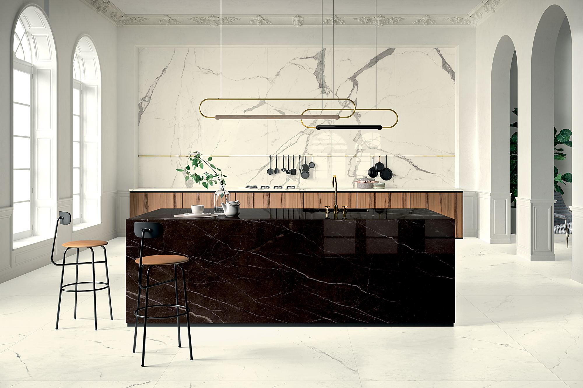 Vanity Marble Look Large Format Porcelain Stoneware Tile White Dark Brown Kitchen Floor Wall Island
